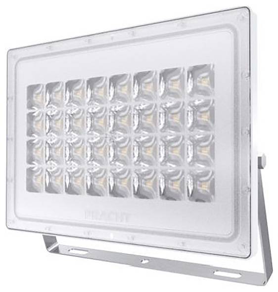 Ein rechteckiger LED-Strahler mit 48 quadratischen Segmenten. Er ist in einem weißen Rahmen montiert und hat einen Halterungsbügel.