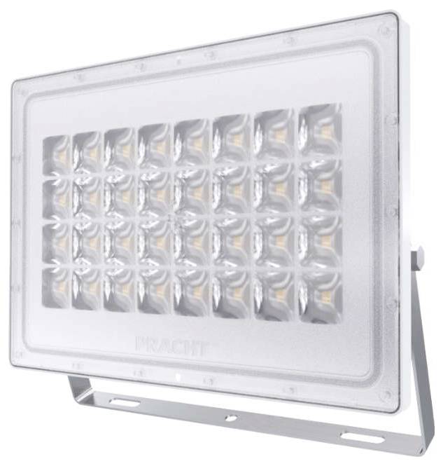 Eine rechteckige LED-Flutlichtstrahler mit mehreren kleinen Glühbirnen, die in einem Gittermuster angeordnet sind, in einer transparenten Abdeckung eingehaust und auf einem Halterungsbügel montiert.