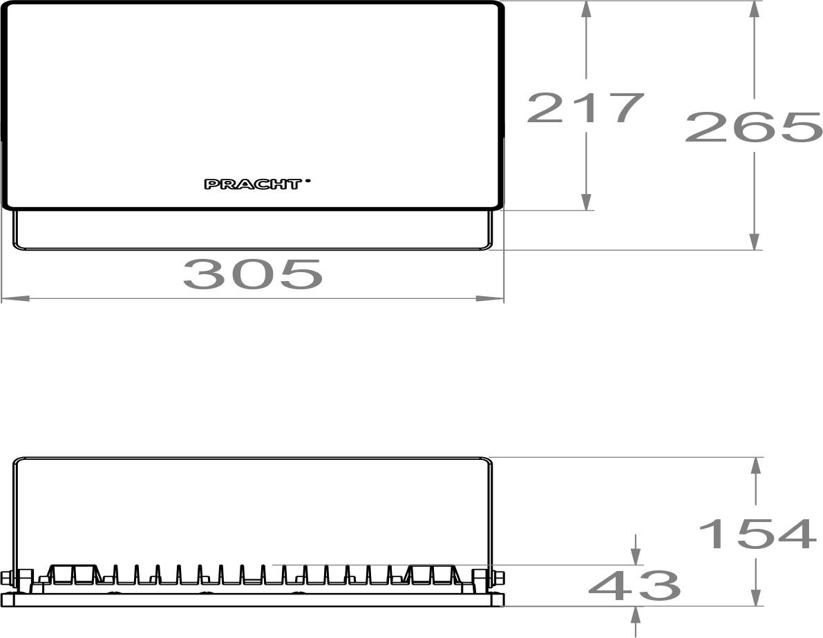 Front- und Seitenansicht eines 'PRACHI'-Geräts mit den Abmessungen 305x265x217 mm.