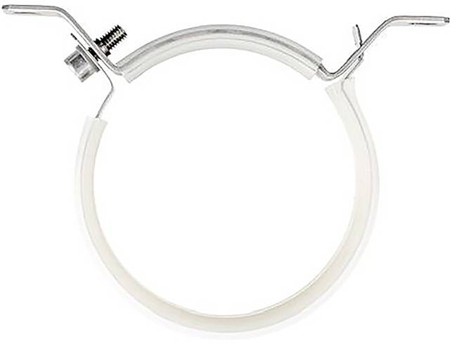 Metallklemme mit Schraube und Haken, geöffnet, auf weißem Hintergrund. Gerät zur Befestigung von Rohren oder Schläuchen.