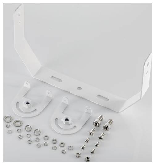 Ein weißer Metallhalterungssatz mit Schrauben und Unterlegscheiben, bereit zur Montage oder Befestigung eines Geräts.