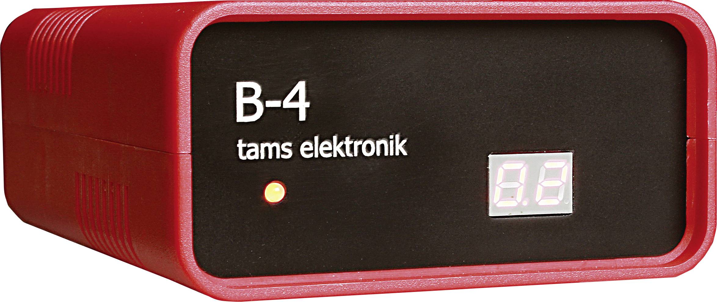 Rotes elektronisches Gerät mit der Aufschrift 'B-4 tams elektronik' und digitaler Anzeige, die eine Zahl zeigt. Eine LED leuchtet.
