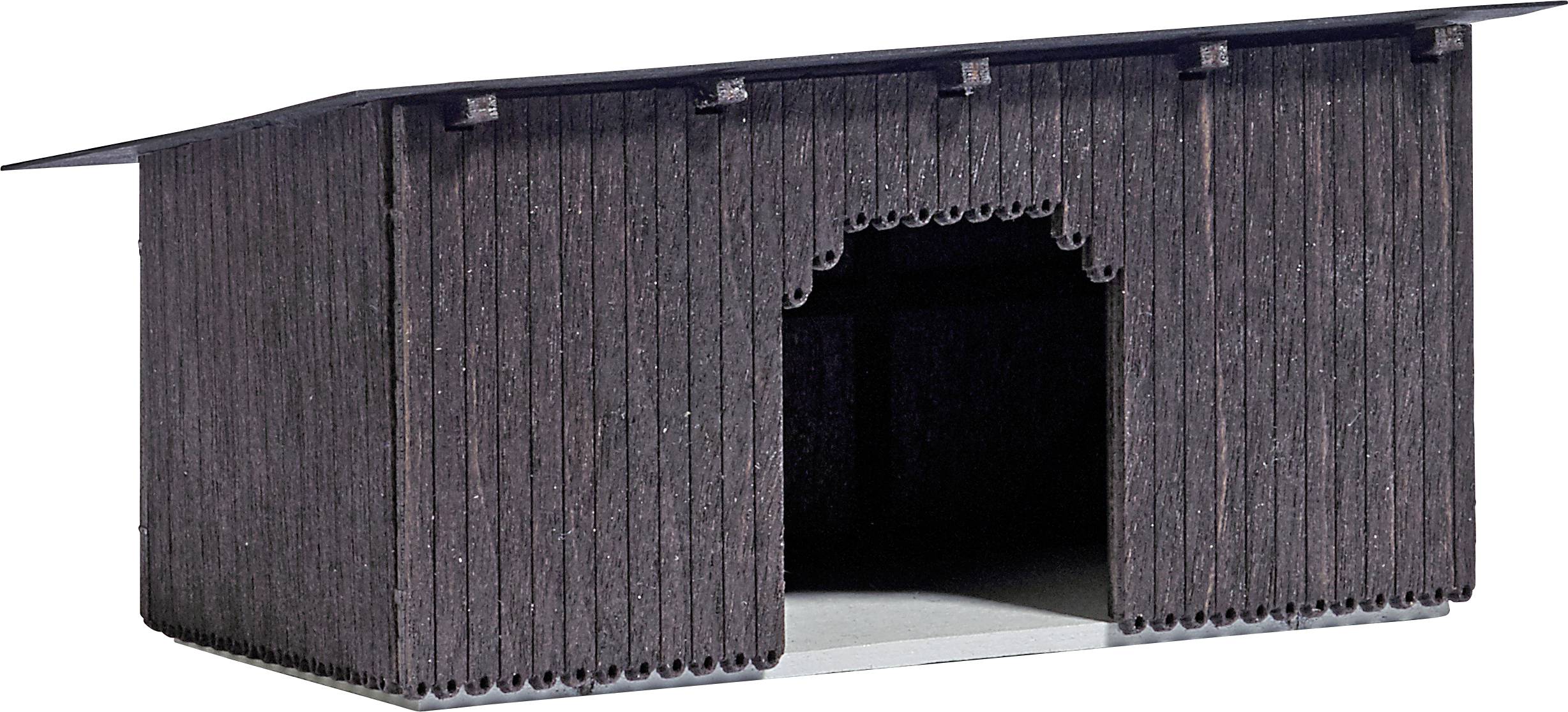 Holzschuppen mit offenem Eingang und dekorativen Kanten, geeignet für Modellbau oder Dioramen.