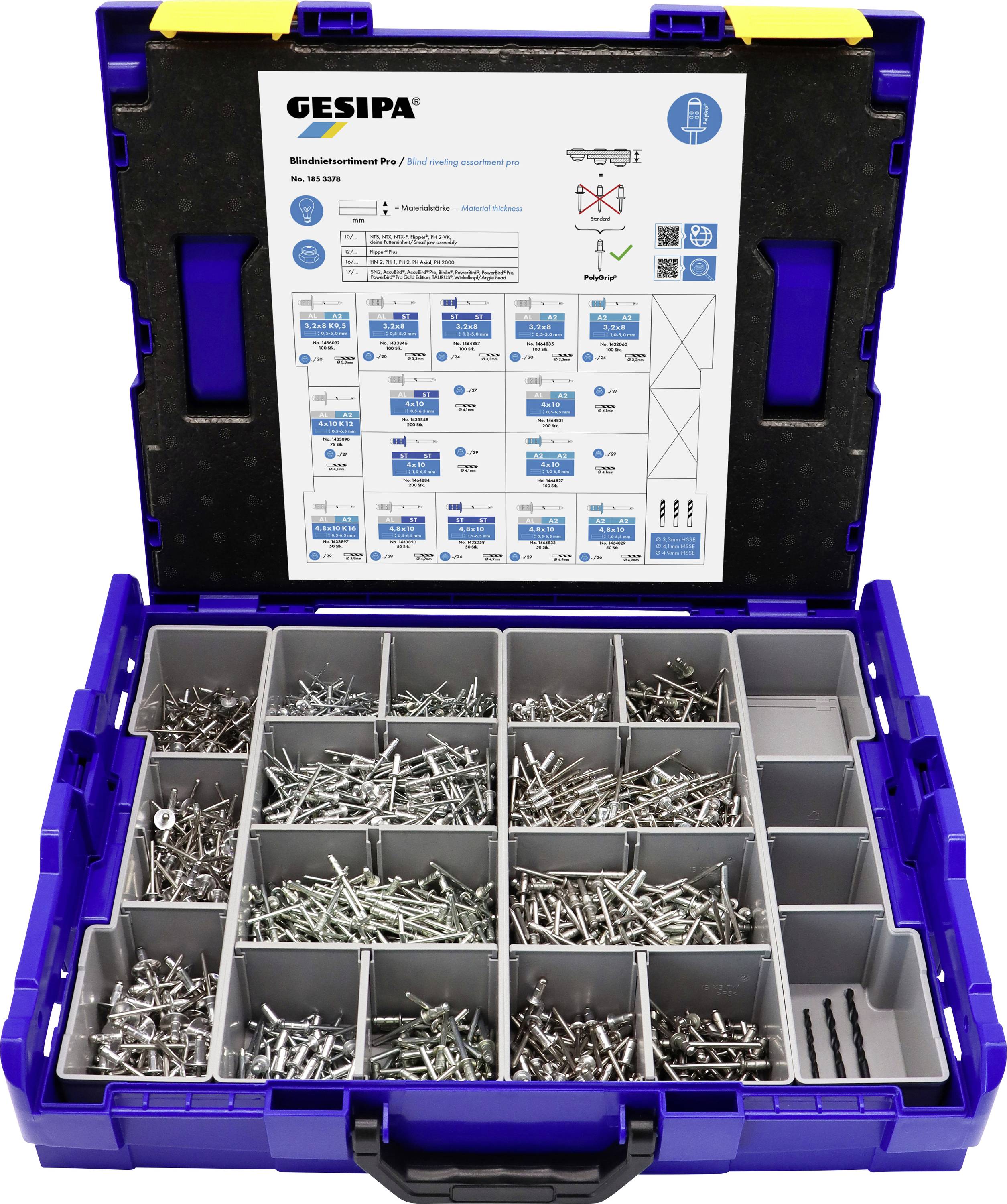 Blauer Organizer-Koffer mit verschiedenen Schrauben, Dübeln und Bits in Fächern. Oben eine Anleitung mit Schraubentypen und Anwendungen.