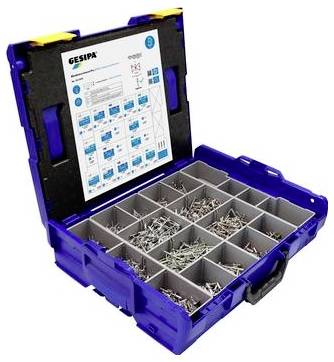 Ein blau-gelber Werkzeugkasten ist geöffnet und zeigt Fächer, die mit verschiedenen Schrauben gefüllt sind. Ein Diagramm auf dem Deckel zeigt das Lagerlayout im Detail.