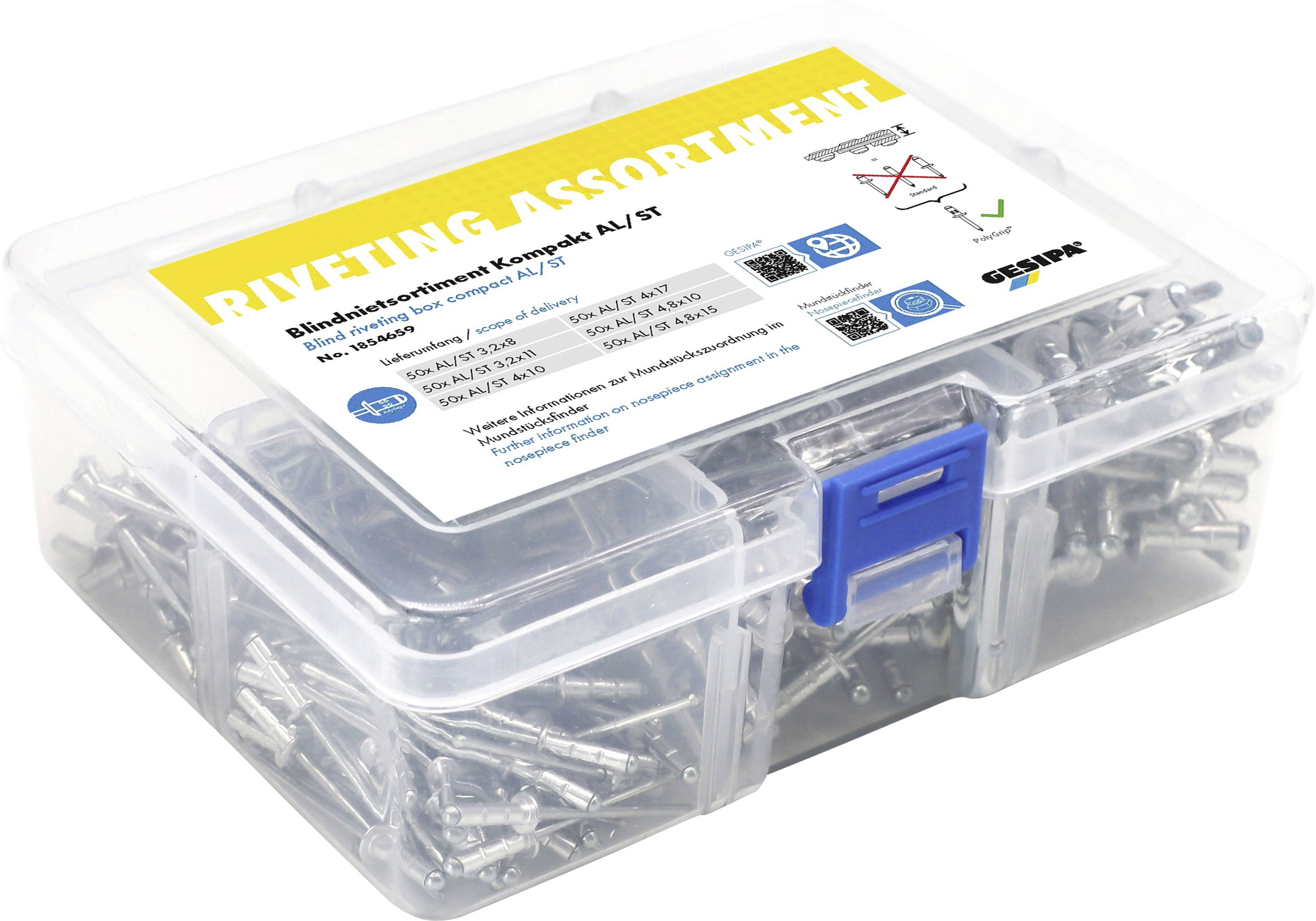 Kunststoffbox mit Nieten-Set. Etikett zeigt Produktspezifikationen und Sicherheitshinweise. Hauptfarbtöne: Gelb und Blau.