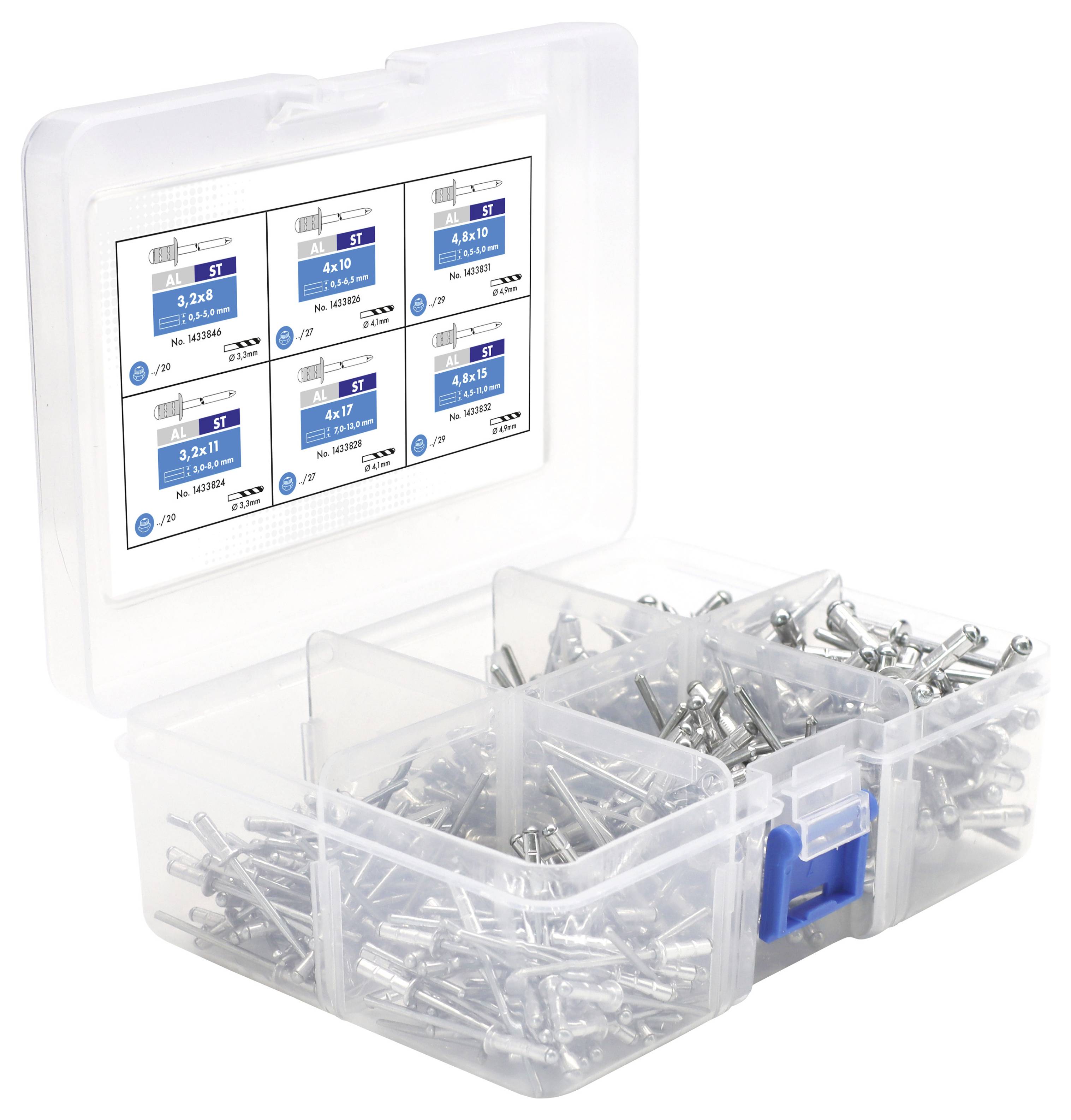 Transparente Plastikbox mit sechs Fächern, gefüllt mit verschiedenen Typen von Schrauben. Deckel innen mit Größentabelle der Schrauben.