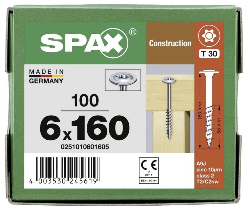 SPAX 0251010601605 Holzschraube 6mm 160mm T-STAR plus Stahl WIROX 100St.