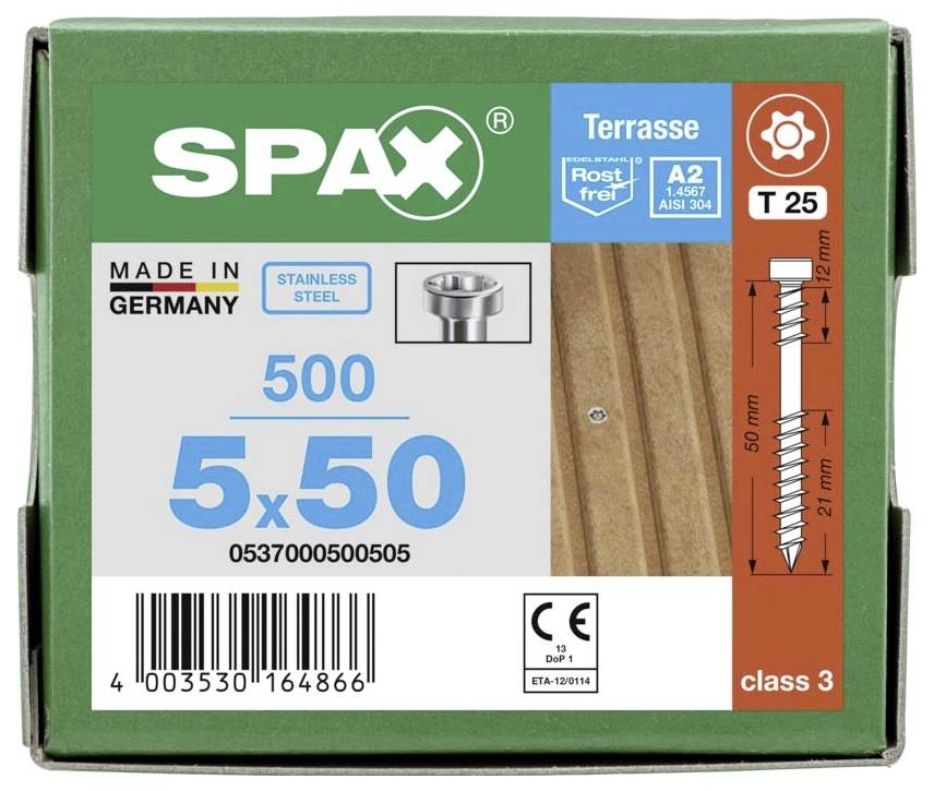 SPAX 0537000500505 Holzschraube 5 mm 50 mm T-STAR plus Edelstahl A2 500 St.