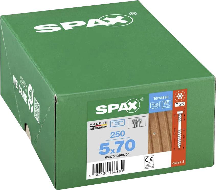 Grüne Spax-Schachtel mit 250 Terrassenschrauben, Maß 5x70 mm. Zertifiziert 'Made in Germany'. Geeignet für Terrassenbau.