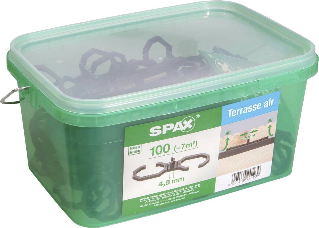 Eine grüne Plastikbox mit 100 Abstandshaltern der Marke 'SPAX', geeignet für ca. 7 m² Terrasse.