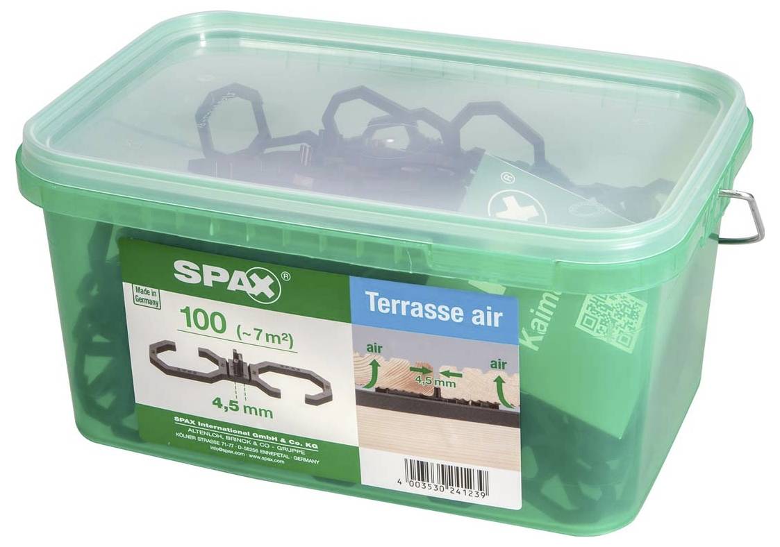 Grüne Plastikbox mit 'SPAX Terrassenclips' Aufschrift. Enthält 100 Stück für 4,5 mm Fugen. Geeignet für Terrassenbau.