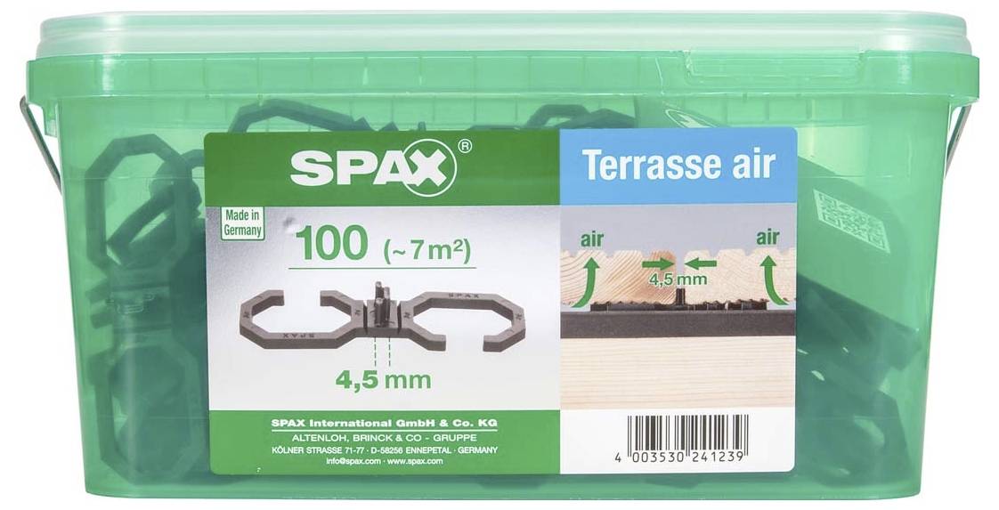 Grüne Plastikverpackung mit der Aufschrift 'SPAX'. Beinhaltet Terrassendielen-Verbinder, Größe: 4,5 mm, für ca. 7 m².