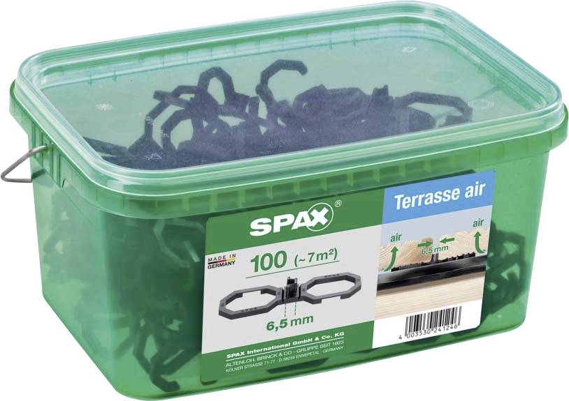 Grüner Plastikbehälter mit Spax Terrassen-Abstandshaltern, 6,5 mm Breite, für 7 m². Enthält 100 Stück.