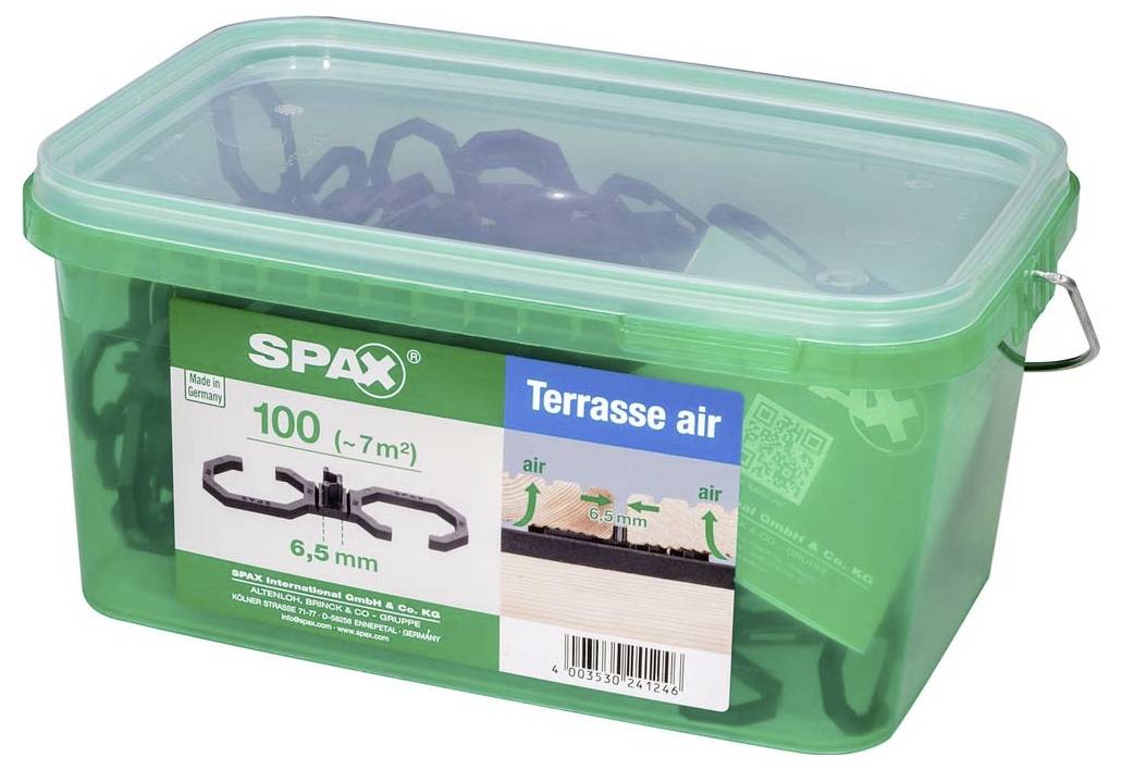 'SPAX Terrassenabstandshalter', grüne Plastikbox, 100 Stück, für 7 m², 6,5 mm Abstand, Produktinformation und Gebrauchsanleitung auf der Verpackung.