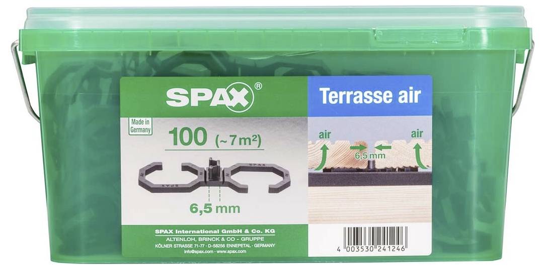Grüne Box mit SPAX-Schrauben für Terrassendielen, 100 Stück, geeignet für ca. 7 Quadratmeter, 6,5 mm Abstandshalter inklusive.