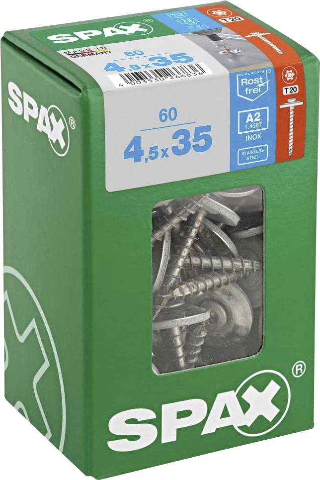 SPAX 4577000450357 Spenglerschraube 4.5mm 35mm T-STAR plus Edelstahl A2 60St.