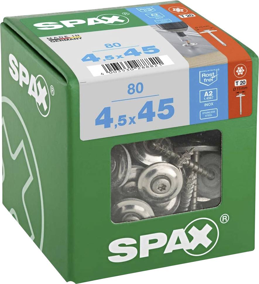 SPAX 4587000450456 Spenglerschraube 4.5 mm 45 mm T-STAR plus Edelstahl A2 80 St.