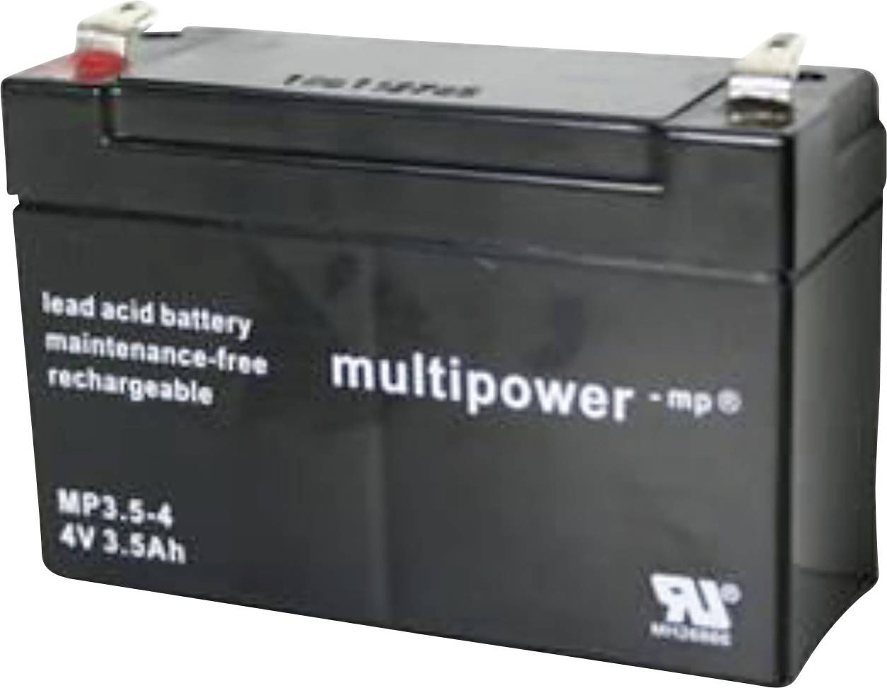 Schwarzer, wiederaufladbarer Blei-Säure-Akku mit Aufschrift 'multipower mp 3,5-4 4V 3.5Ah', geeignet für wartungsfreien Gebrauch.