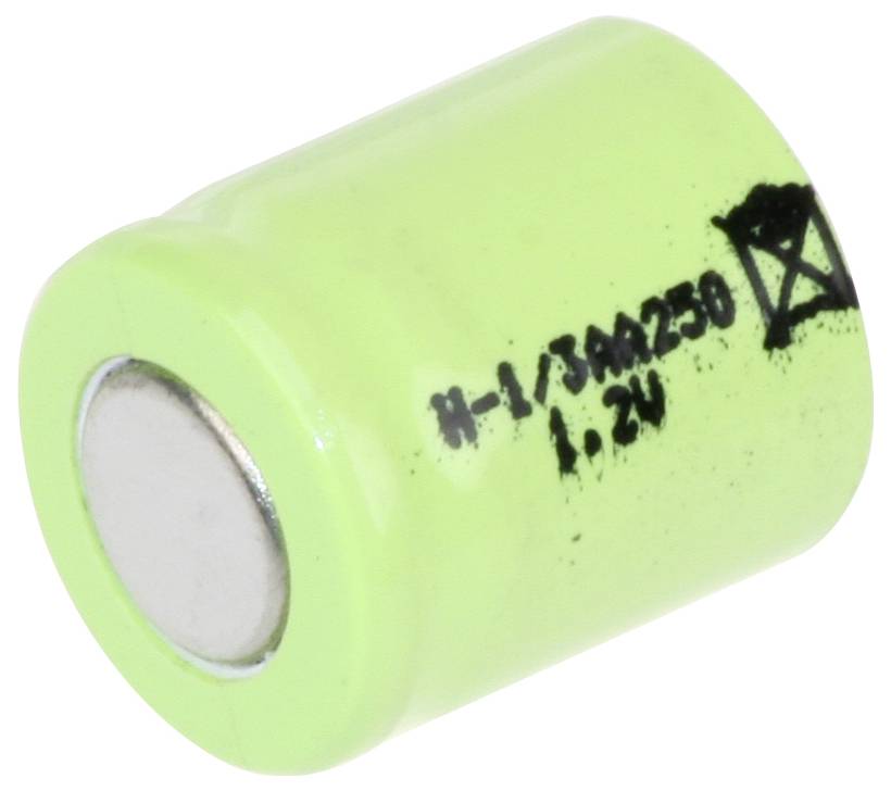 Eine kleine grüne zylindrische Batterie mit schwarzer Beschriftung '1,2V', die das positive Ende zeigt.