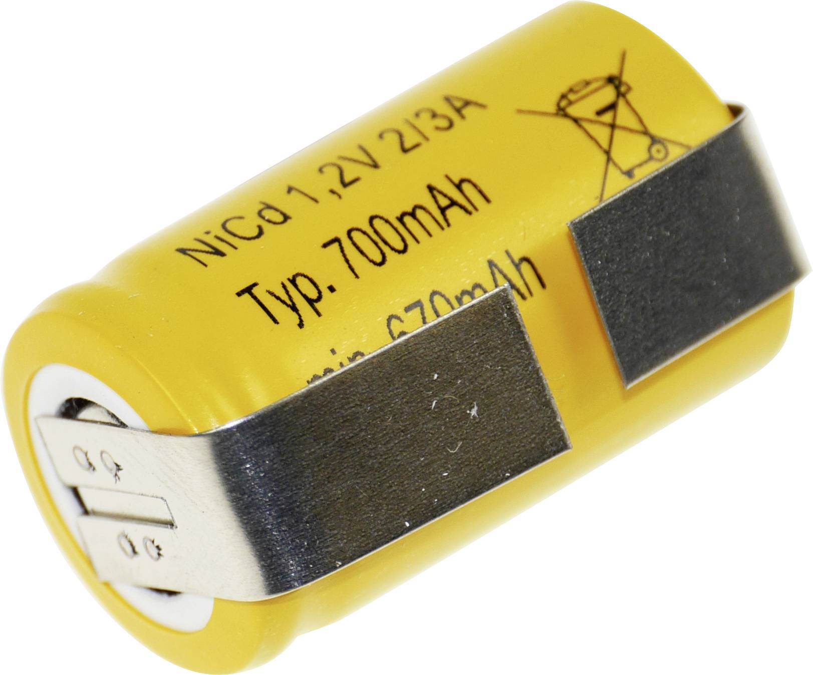 Eine gelbe zylindrische NiCd-Batterie, beschriftet mit '1,2V 2/3A', mit Metallkontakten und einer Kapazität von 700 mAh.