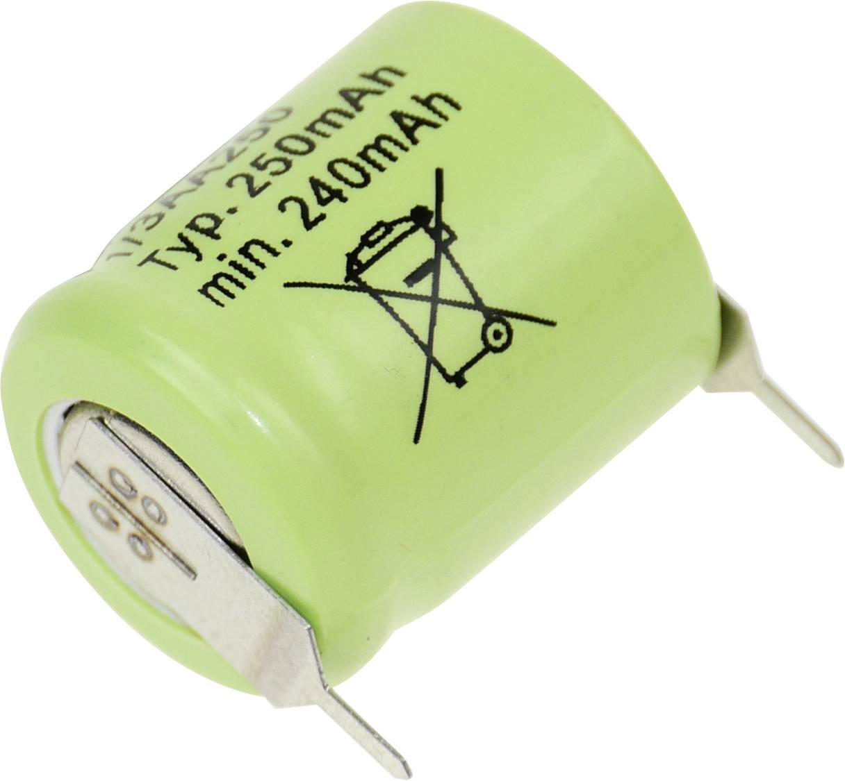 Eine kleine, grüne zylindrische Batterie, gekennzeichnet mit ‚Typ. 250mAh min. 240mAh' und einem durchgestrichenen Mülleimersymbol, das die fachgerechte Entsorgung anzeigt.