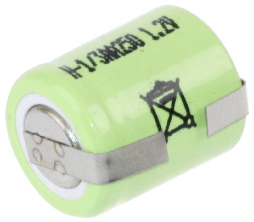 Eine kleine grüne zylindrische Batterie mit Metallanschlüssen und dem aufgedruckten Text 'H-0M50 1.2D' mit einem durchgestrichenen Mülltonnensymbol.
