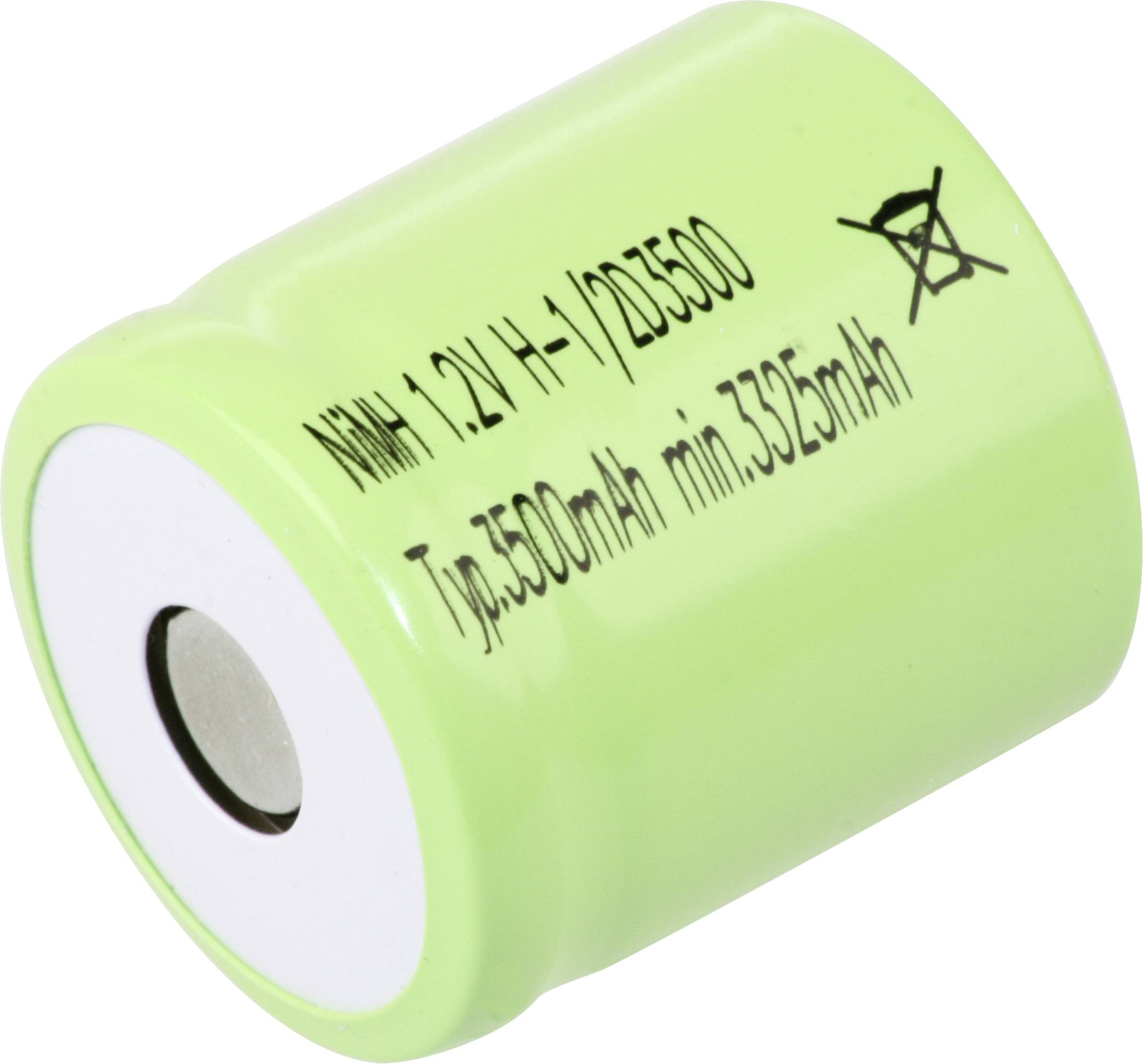 Eine zylindrische grüne Batterie mit der Aufschrift 'NiMH 1,2V H-1/2D3500 Typisch 3500mAh min. 3325mAh' mit einem durchgestrichenen Mülltonnensymbol.