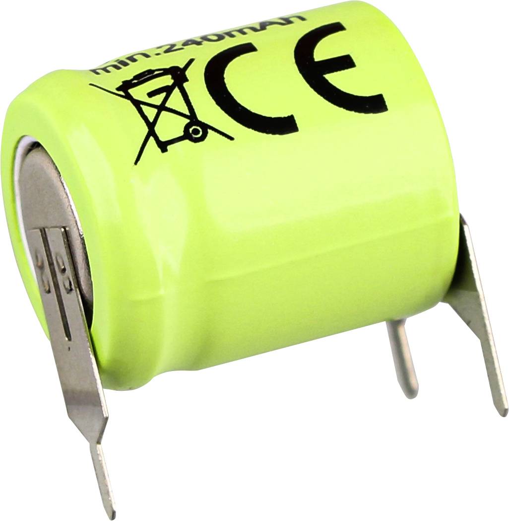 Eine grüne wiederaufladbare Batterie mit Metallkontakten am Boden, gekennzeichnet mit '240mAh' und Konformitätssymbolen, verwendet in elektronischen Geräten.