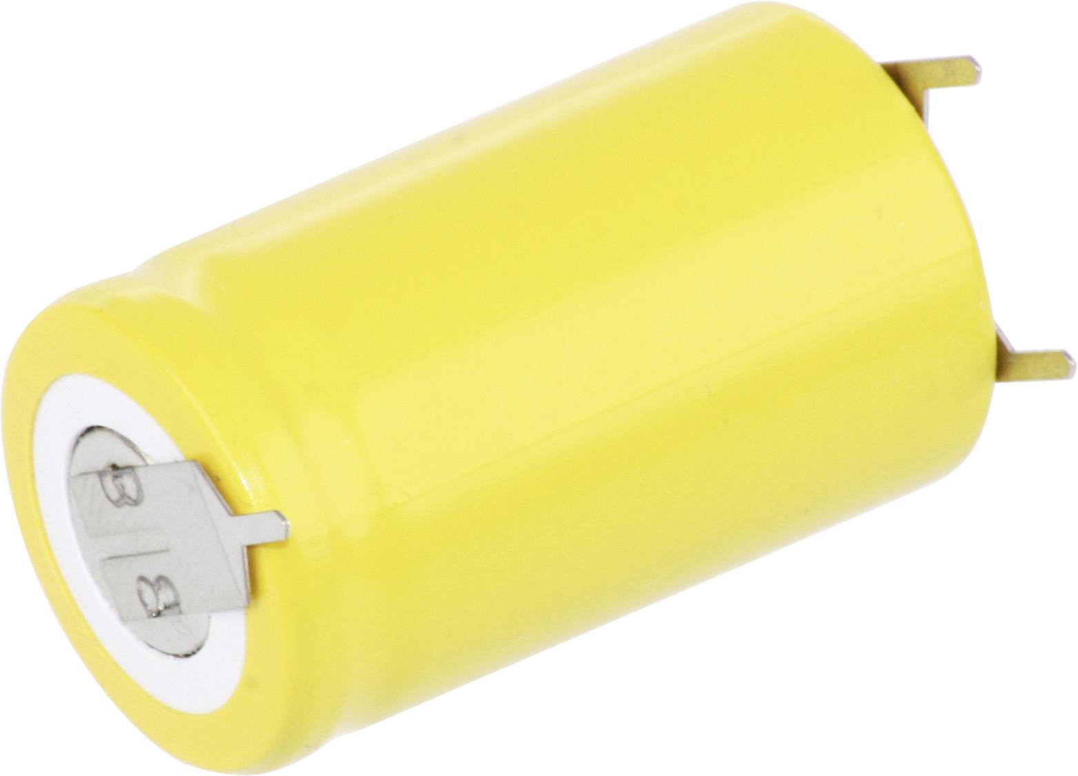 Ein gelber zylindrischer Kondensator mit Metallanschlüssen an beiden Enden ist abgebildet. Der Kondensator wird in elektronischen Schaltkreisen zum Speichern von elektrischer Ladung verwendet.