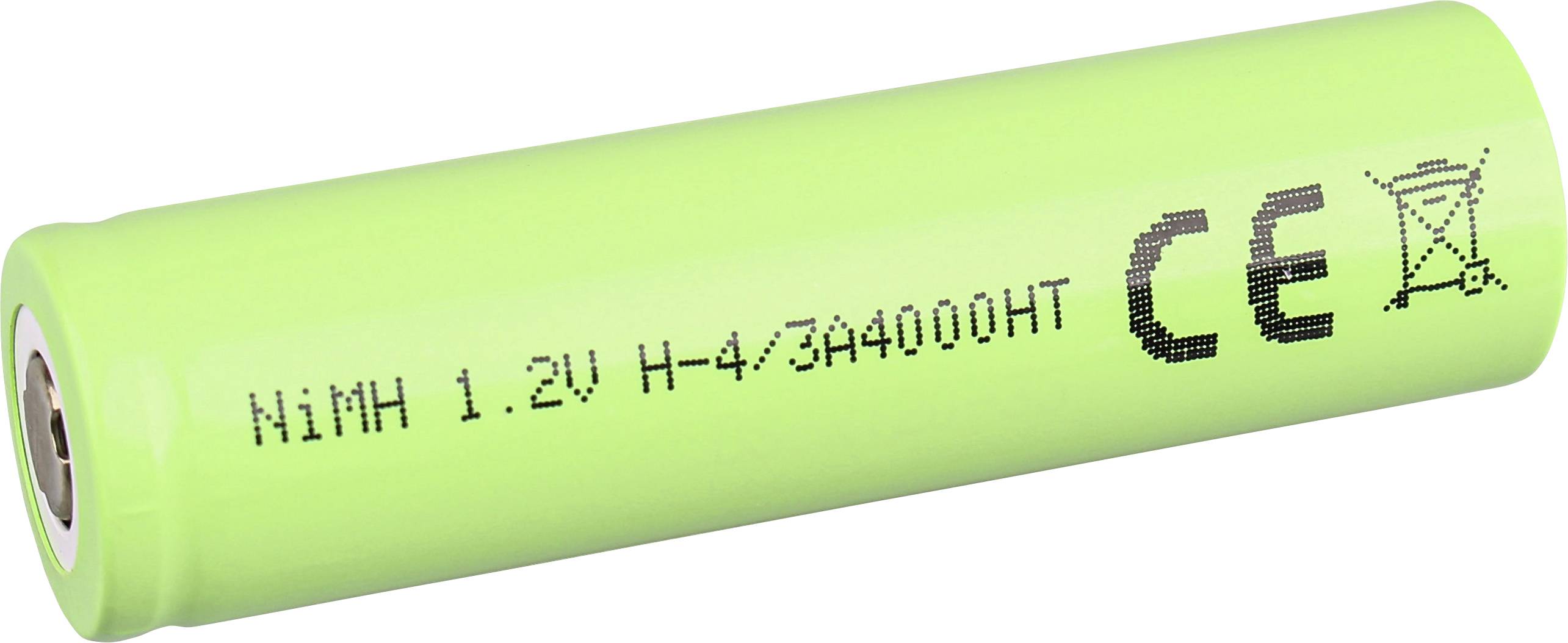 Eine grüne AA-Größe NiMH-Batterie mit der Beschriftung '1.2V H-4/3A4000HT', versehen mit CE-Kennzeichnung und einem durchgestrichenen Mülltonnen-Symbol.