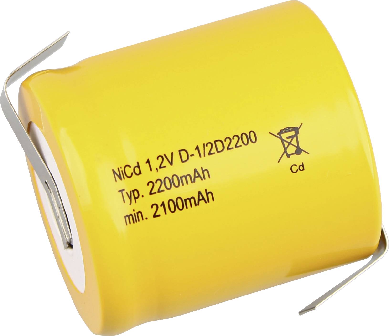 Gelbe zylindrische Batterie mit der Beschriftung 'NiCd 1,2V D-1/2D2200, Typ. 2200mAh, min. 2100mAh' ohne Müllsymbol, was eine Recycling-Pflicht anzeigt.