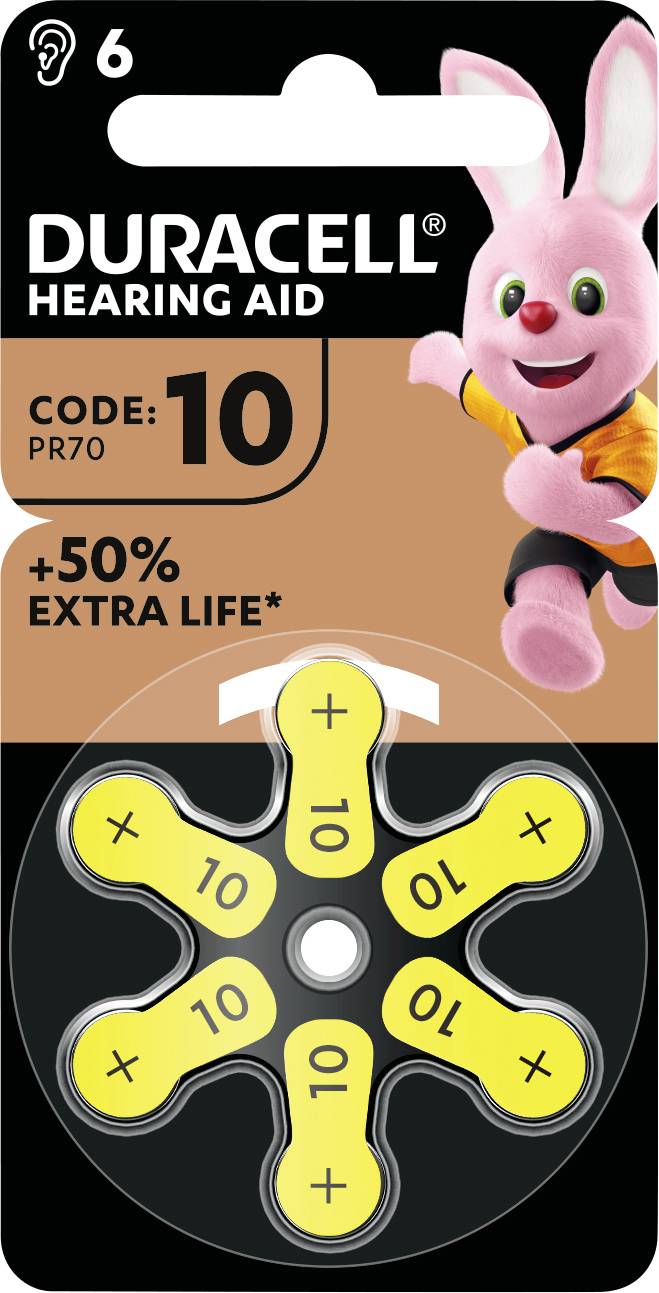 'Duracell-Hörgerätebatterie, Typ 10, Code PR70, +50% längere Lebensdauer'. Verpackung mit rosa Häschen-Maskottchen.