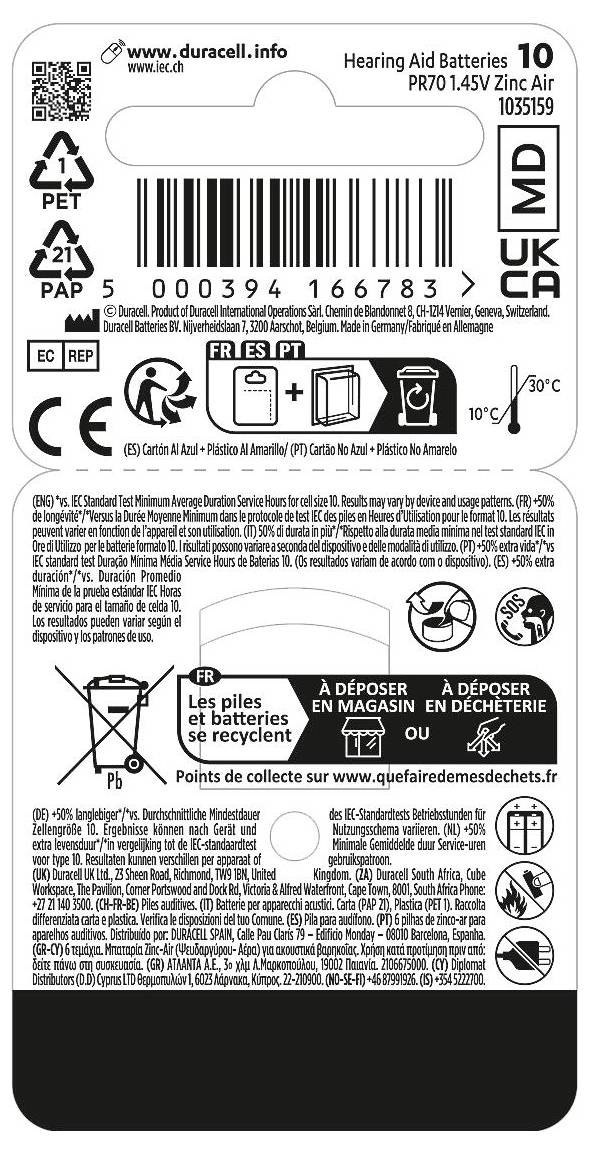 Duracell Hörgerätebatterie ZA10 1.45V 6 St. 100 mAh Zink-Luft