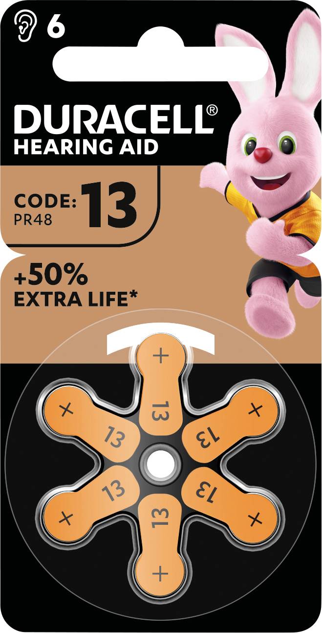 Duracell Hörgerätebatterien, Größe 13, Code PR48, versprechen +50 % längere Lebensdauer. Enthält sechs orangefarbene Batterien.