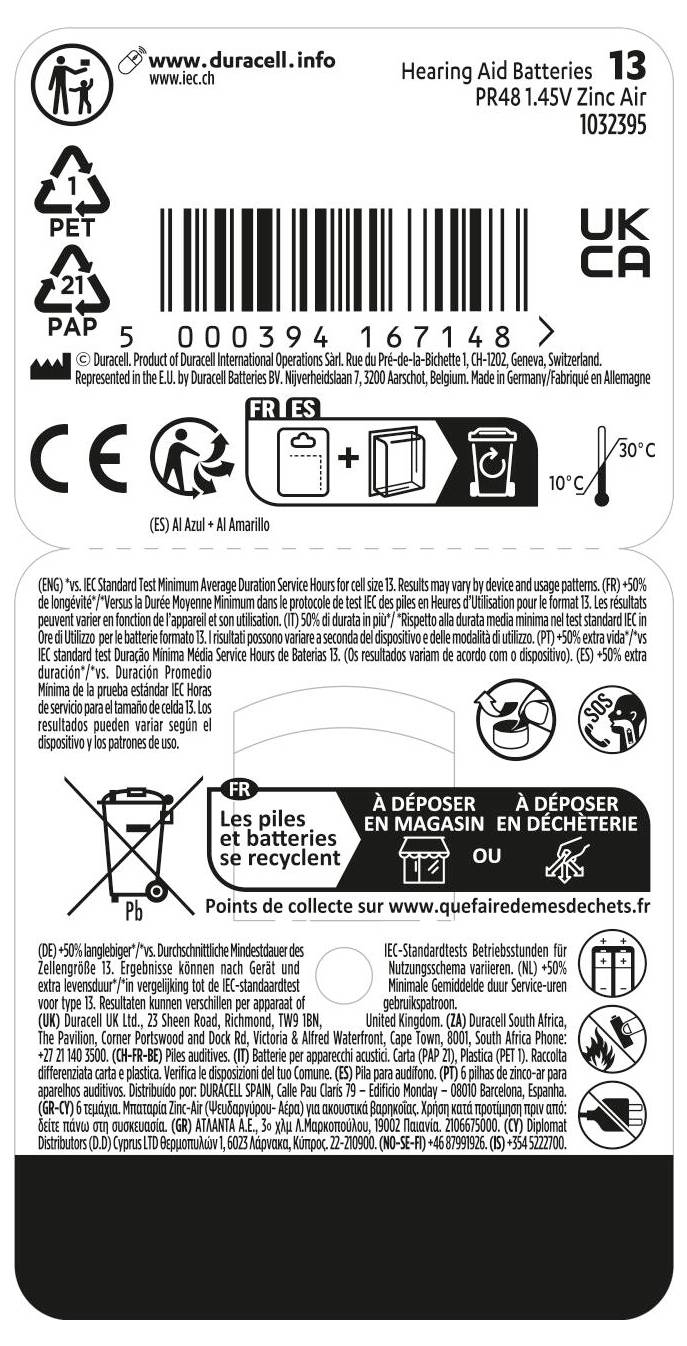 Duracell Hörgerätebatterie ZA 13 1.45V 1 St. 290 mAh Zink-Luft