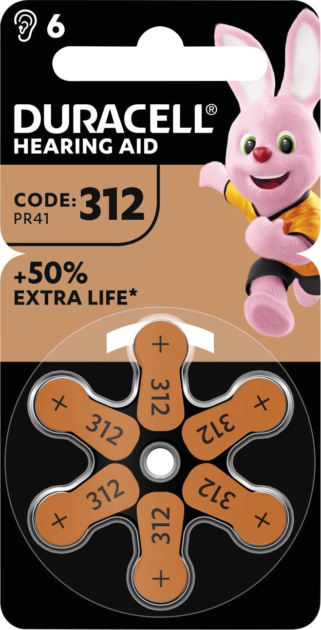 Duracell Hörgerätebatterien PR41, Code 312, versprechen +50 % längere Lebensdauer. Verpackt mit sechs Batterien und Maskottchen.
