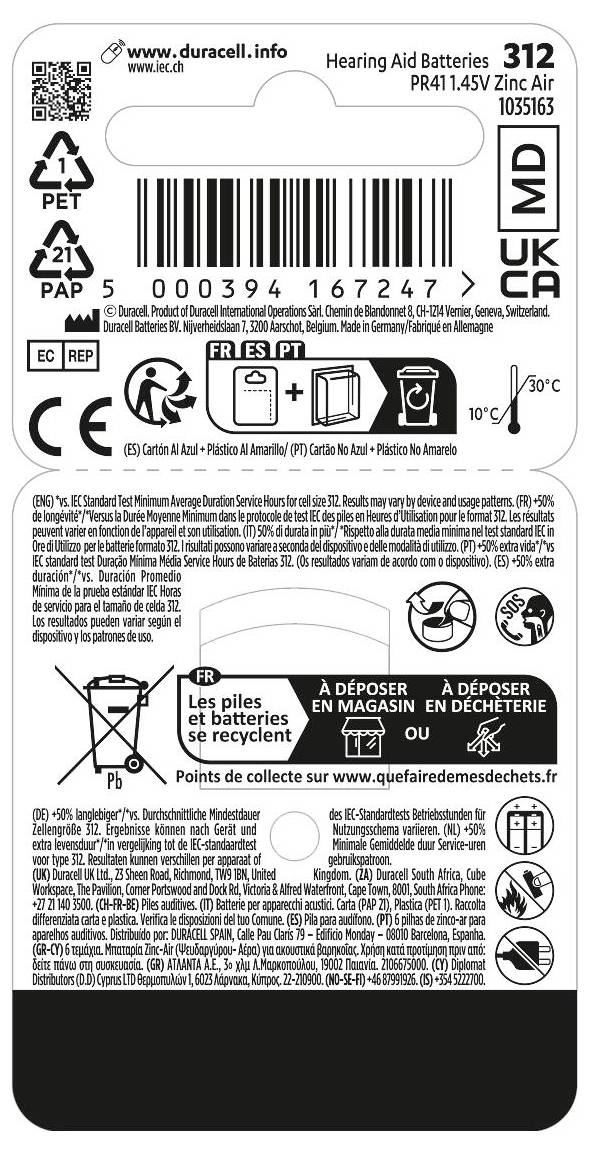 Duracell Hörgerätebatterie ZA312 1.45V 1 St. 160 mAh Zink-Luft