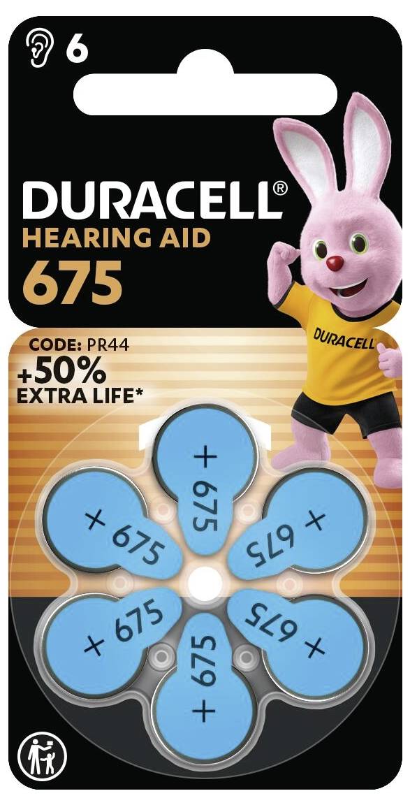 Duracell hearing aid batteries, size 675, shown in a pack with six blue batteries. Text highlights 'CODE: PR44 +50% EXTRA LIFE'.