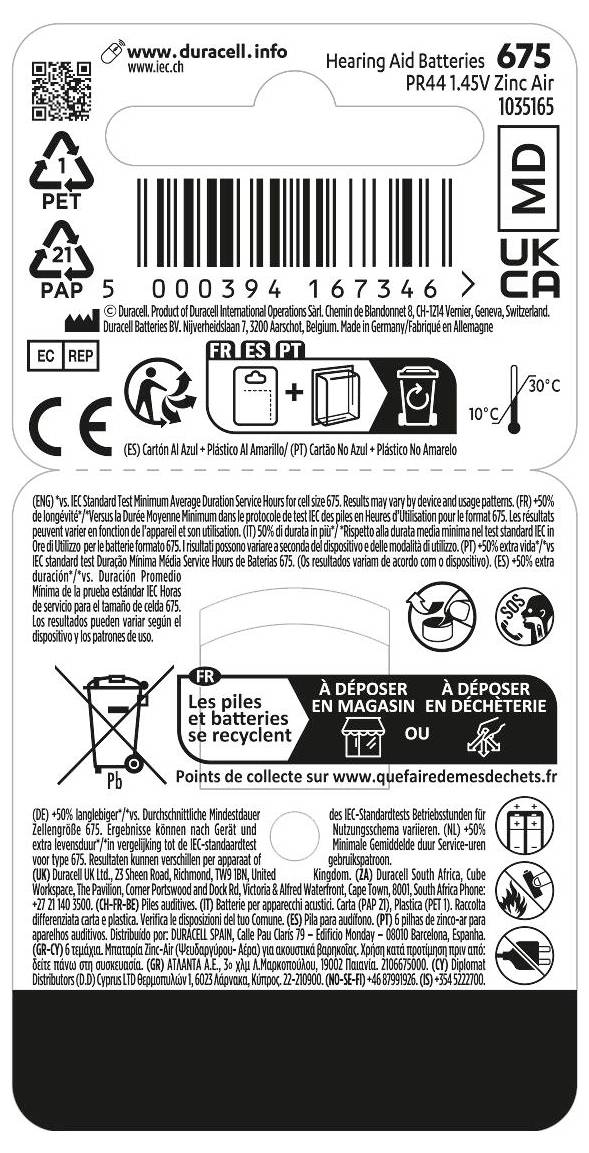 Duracell D4 Batterieverpackung mit Produktdetails, UPC-Code und einer Charakter-Maskottchen. Der Text enthält Informationen zur Verbrauchergarantie.