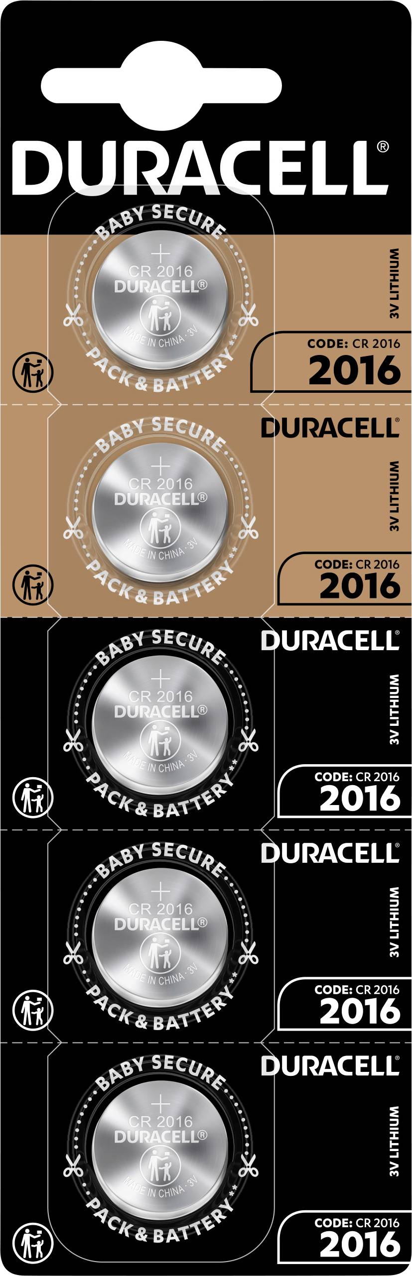 Duracell Batterien CR2016, 4er-Pack, Baby Secure Technologie, abgebildet in einer Verpackung mit schwarzem und orangefarbenem Design.