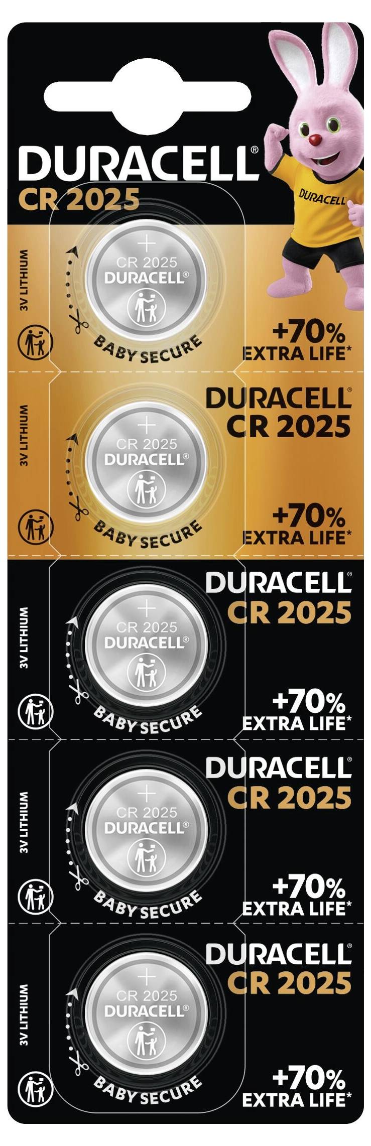 Duracell CR 2025 batteries, pack of six, featuring '+70% Extra Life' claim. Batteries labeled 'Baby Secure.' Duracell bunny logo present.