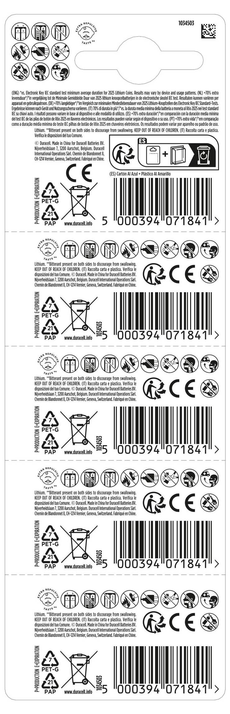 Duracell Knopfzelle CR 2025 3V 5 St. 165 mAh Lithium Elektro 2025