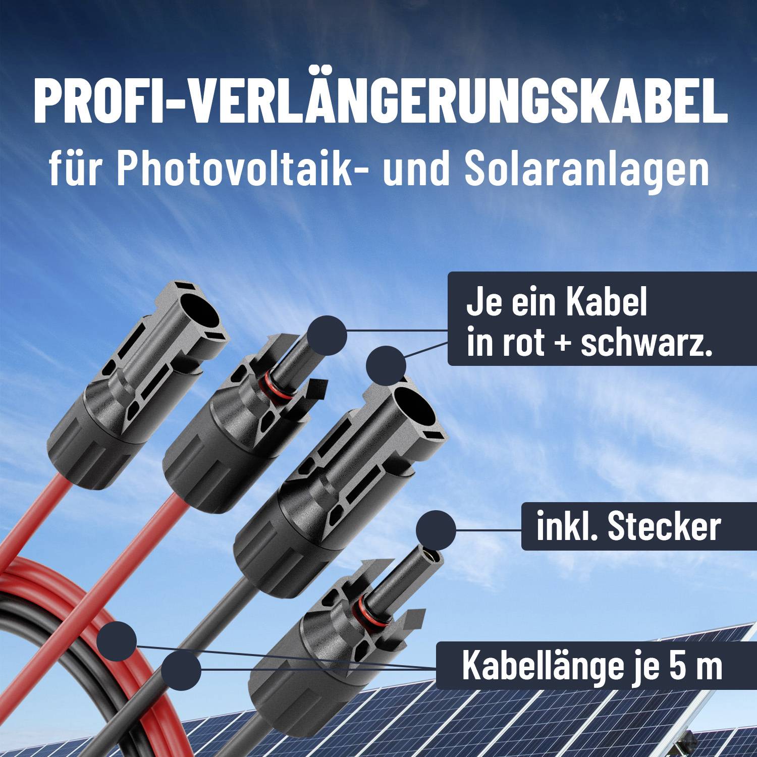 'Profi-Verlängerungskabel für Photovoltaik- und Solaranlagen', rot und schwarz, mit Steckern, Kabellänge: 5 m.