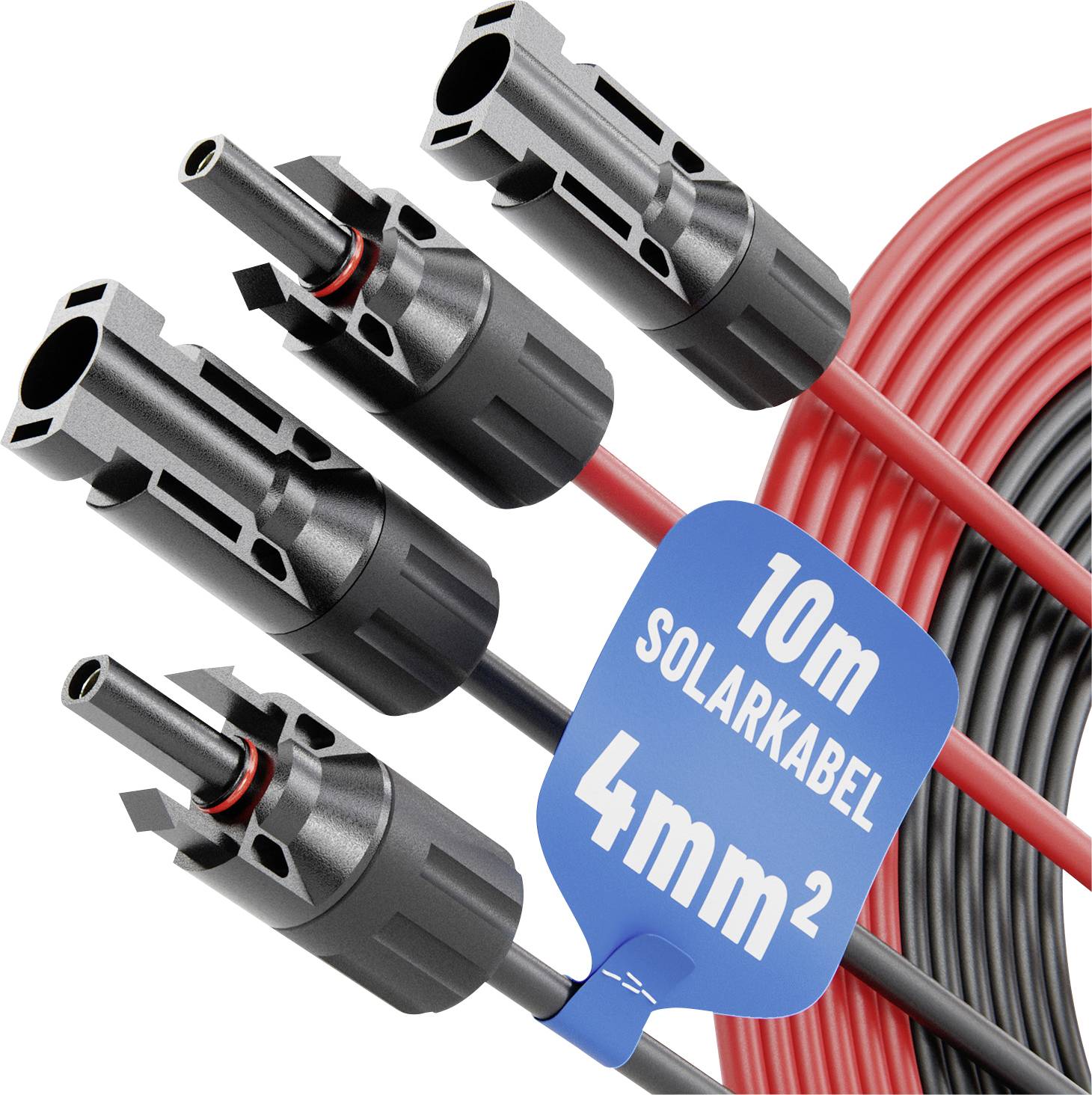 '10m Solarkabel 4mm²' schwarze und rote Solarkabel mit Anschlüssen, geeignet für Photovoltaikanlagen.