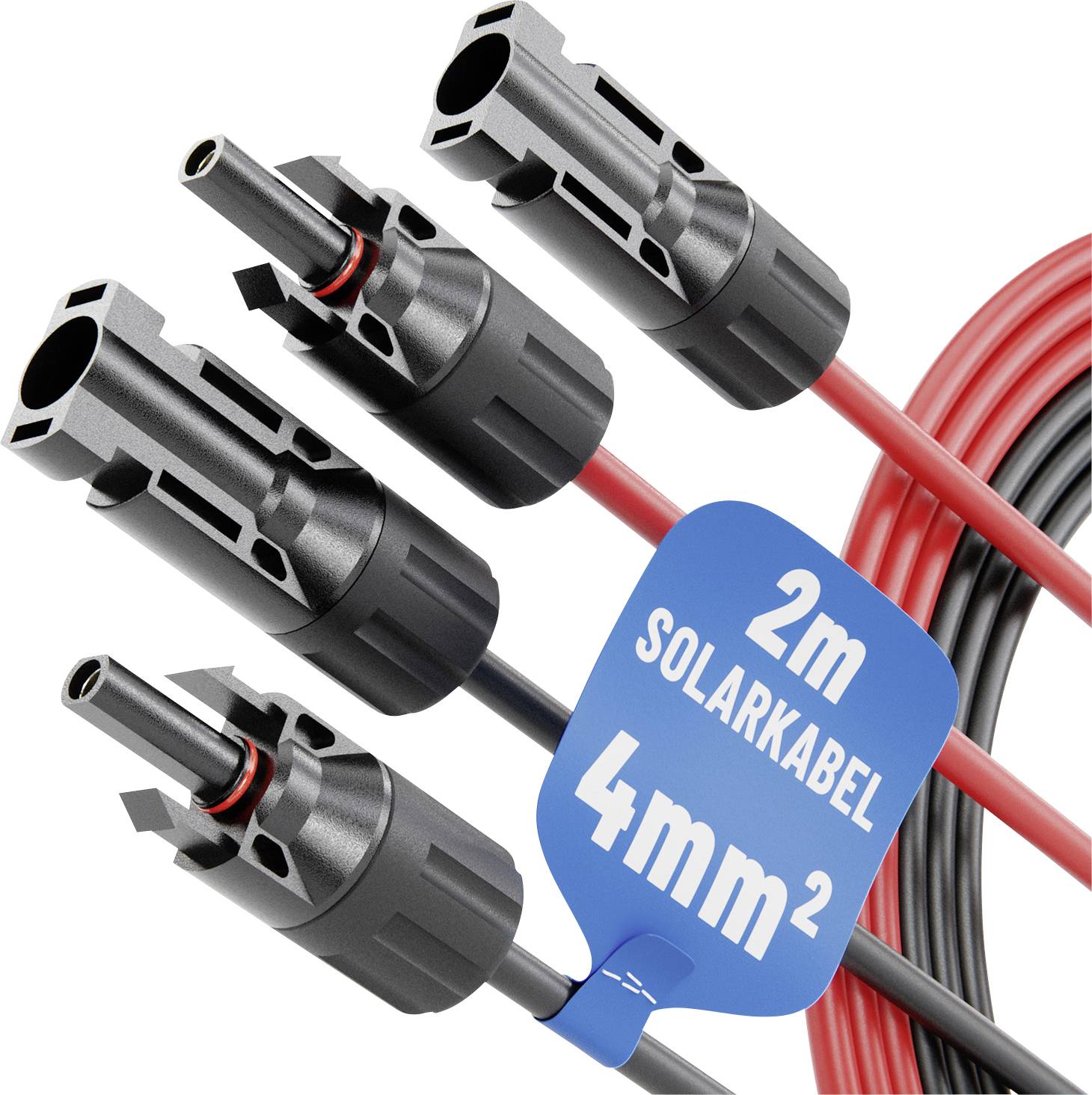 2m Solarkabel 4mm² mit schwarzen Steckern an roten und schwarzen Kabeln, verwendet für Solarmodul-Verbindungen.
