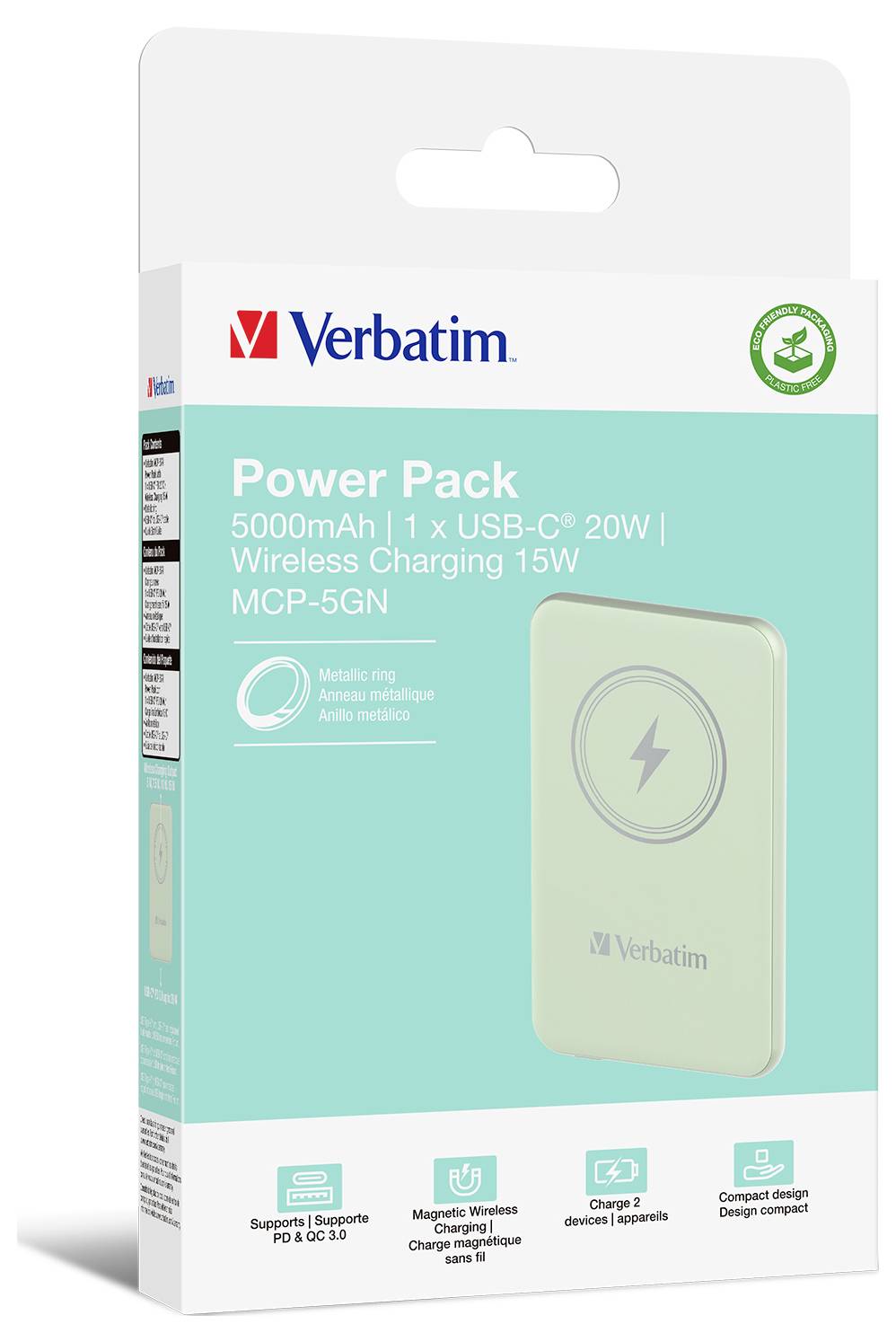 Verbatim Charge 'n' Go Magnetic Wireless Powerbank 5000 mAh Fast Charge, Quick Charge 3.0, USB PD 3.0, Adaptive Fast Charge LiPo