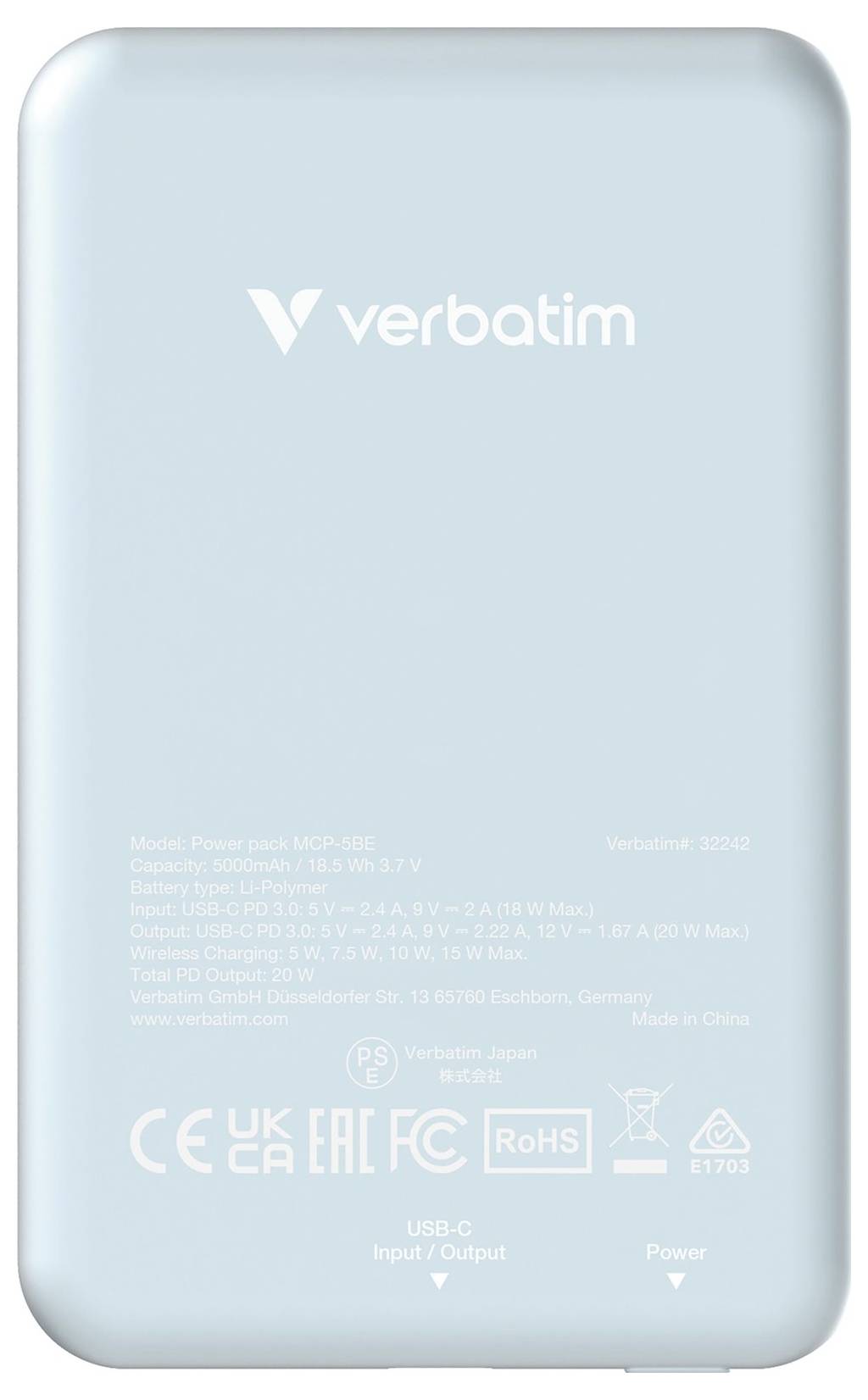 Externe Powerbank in Blau von Verbatim mit Angaben zur Kapazität (5.000 mAh) und Konformitätssymbolen auf der Rückseite.