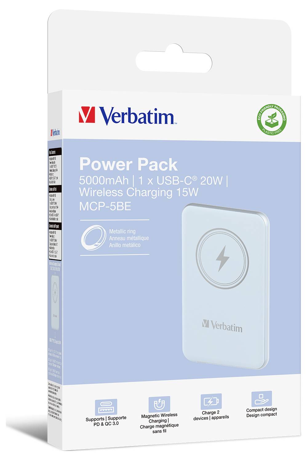 Verbatim Power Pack, 5000mAh: 1x USB-C 20W, drahtloses Laden 15W. Magnetischer Ring für Qi-kompatible Geräte. Modell MCP-5BE.