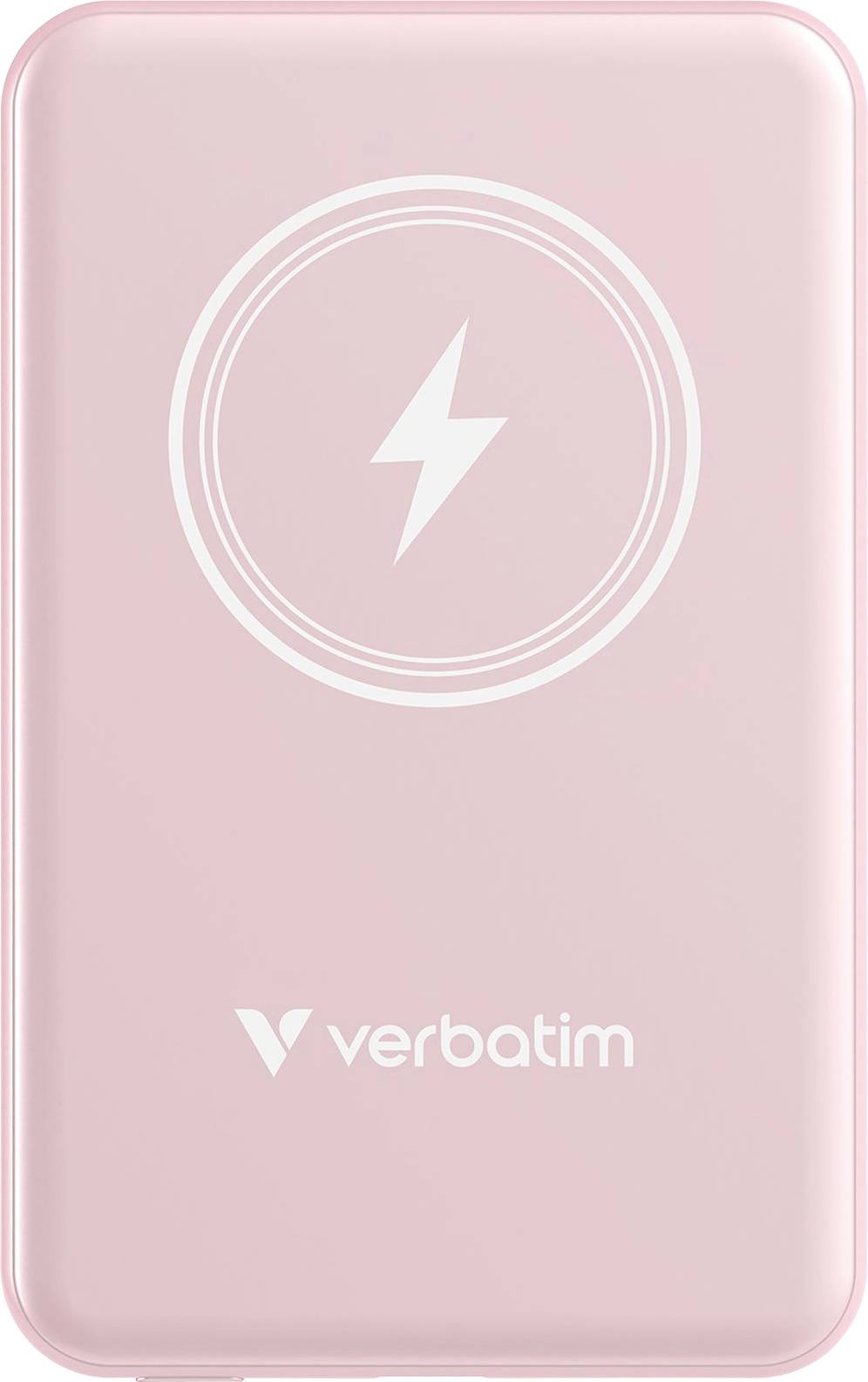Externe Festplatte in Rosa von Verbatim mit Blitzsymbol, Hinweis auf schnelles Aufladen oder hohe Leistung.